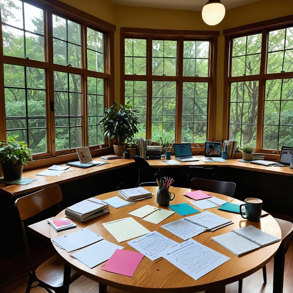 A cozy, inviting workspace depicting a diverse group of writers collaborating around a large table, surrounded by books and laptops, with vibrant notepads and colorful coffee cups. A window with greenery in the background, showcasing sunshine streaming in, and a bulletin board filled with writing tips and inspiration. The atmosphere is warm and collaborative, emphasizing community spirit and creativity. super-realistic. vibrant colors. warm tones.