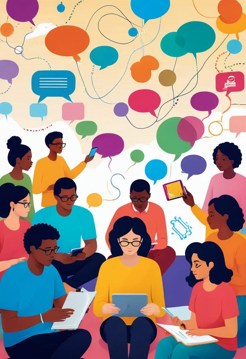 A captivating scene depicting a diverse group of people engaging with digital storytelling on various devices, each immersed in vibrant stories. Include colorful graphics and thought bubbles illustrating dynamic narratives, with elements of interaction like comments and likes floating around. The background should feature a blend of traditional storytelling icons like books and modern digital media symbols like tablets and smartphones. Emphasize a warm, inviting atmosphere that draws viewers in. super-realistic. vibrant colors. 3D.