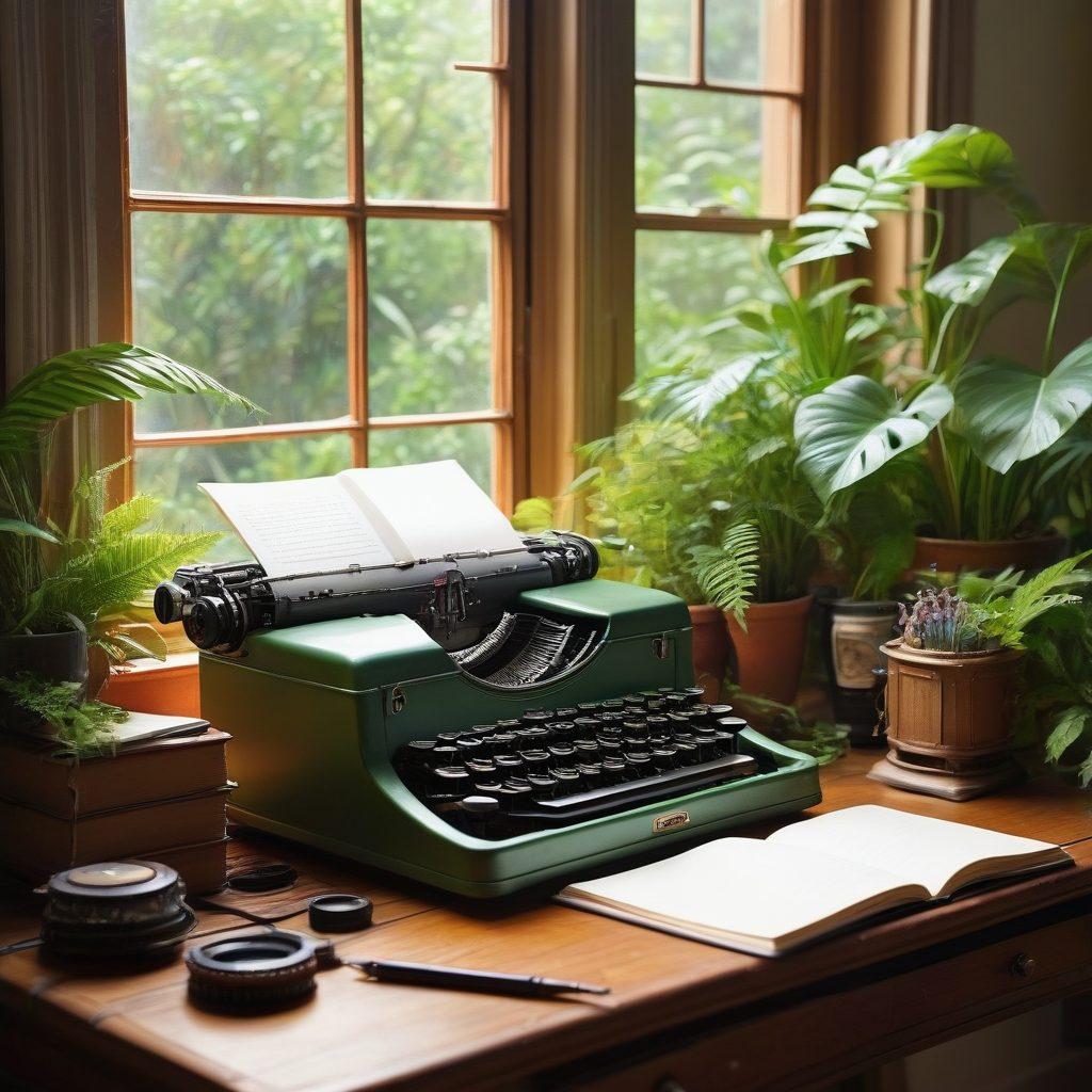 A serene writer's desk with an open notebook, lush green plants surrounding it, a vintage typewriter, and a glowing computer screen displaying whimsical story elements floating around. Soft sunlight streaming through a window creates a warm atmosphere, inviting creativity. The background should feature an abstract representation of various storytelling icons, like open books, microphones, and quills. vibrant colors. super-realistic.